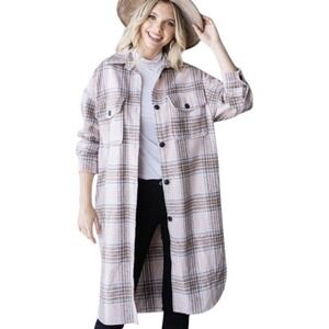 Veveret Wool Blend Long Light Pink Button Up Flannel‎ Oversized Coat L Western